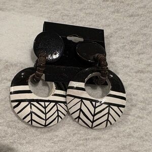 Hand Painted Black & white  Wood Pierced Earrings New 3”